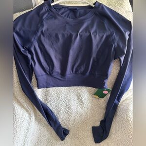 NWT HALARA CROPPED LONG SLEEVE WORKOUT TOP SIZE SMALL NAVY BLUE